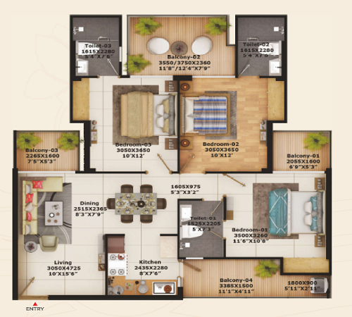 3 BHK 1545 sq.ft. Layout Plan